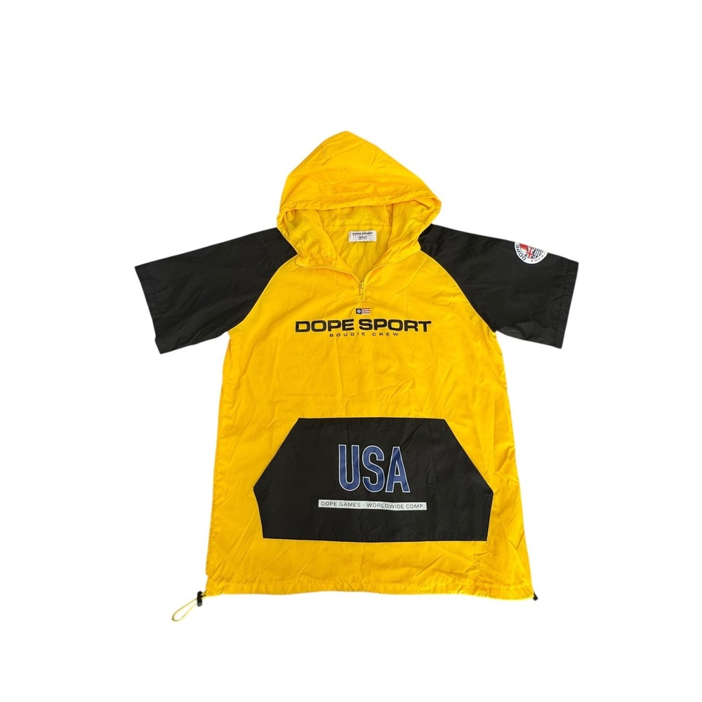 Dope Sport Windbreaker Jacket Mens Medium Yellow Black Hooded USA Short Sleeve